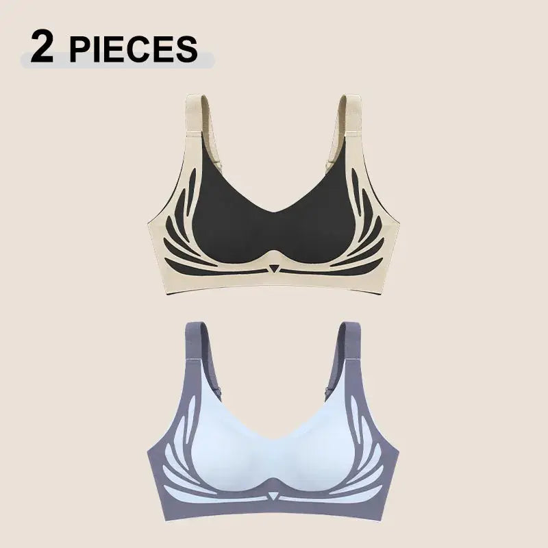 2-piece set of women’s push-up seamless bras in beige and blue with angel-wing pattern, no-wire lingerie