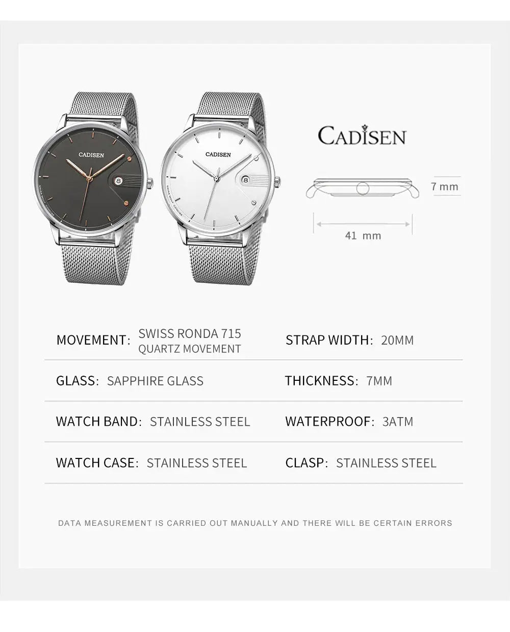 CADISEN Swiss Ronda 715 quartz watch pair for men with Milano stainless steel mesh strap, black and white dials