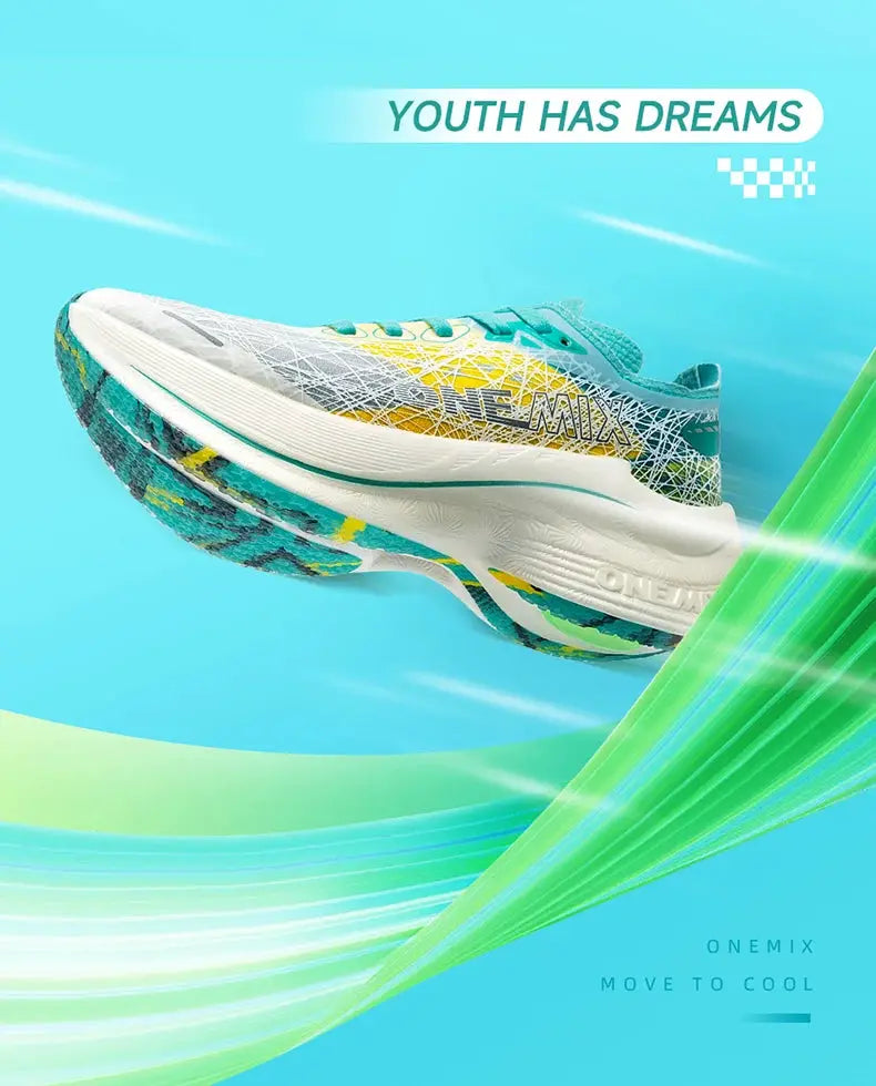 ONEMIX Marathon carbon-plate running shoes by Simples Market; ultralight teal-blue sneakers with a white midsole.