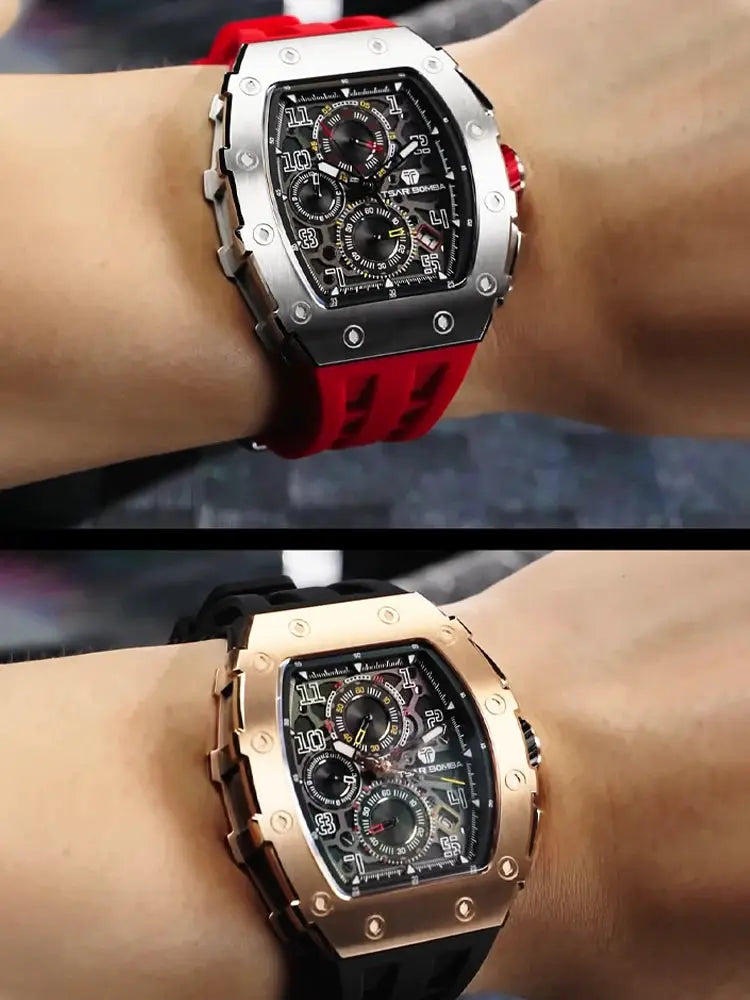 TSAR BOMBA men's watches; two watches with two-tone tonneau cases, silver/red strap and rose-gold/black strap.