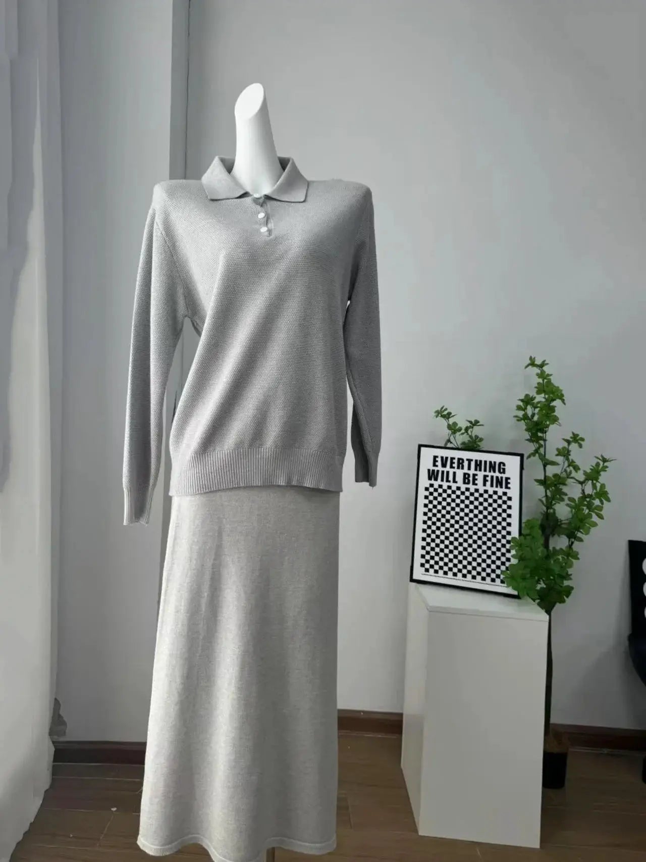 Hirsionsan Winter Women Knitted Set Polo Neck Sweater Wide Leg Pants