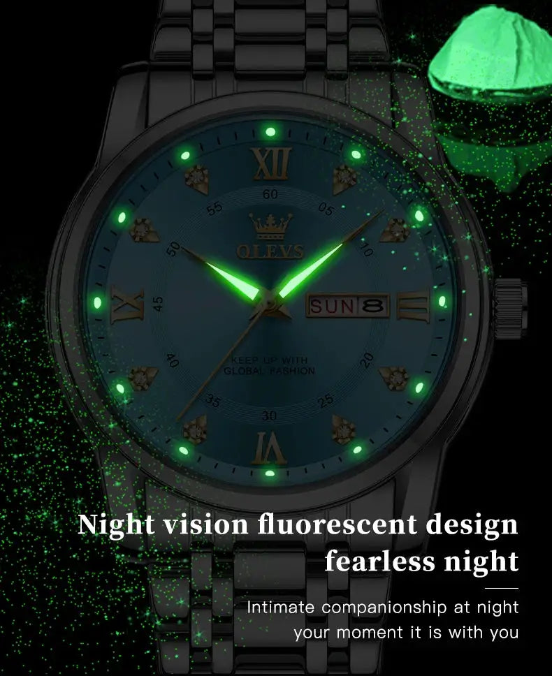 OLEVS men's black stainless steel quartz watch with dual calendar and diamond Roman markers