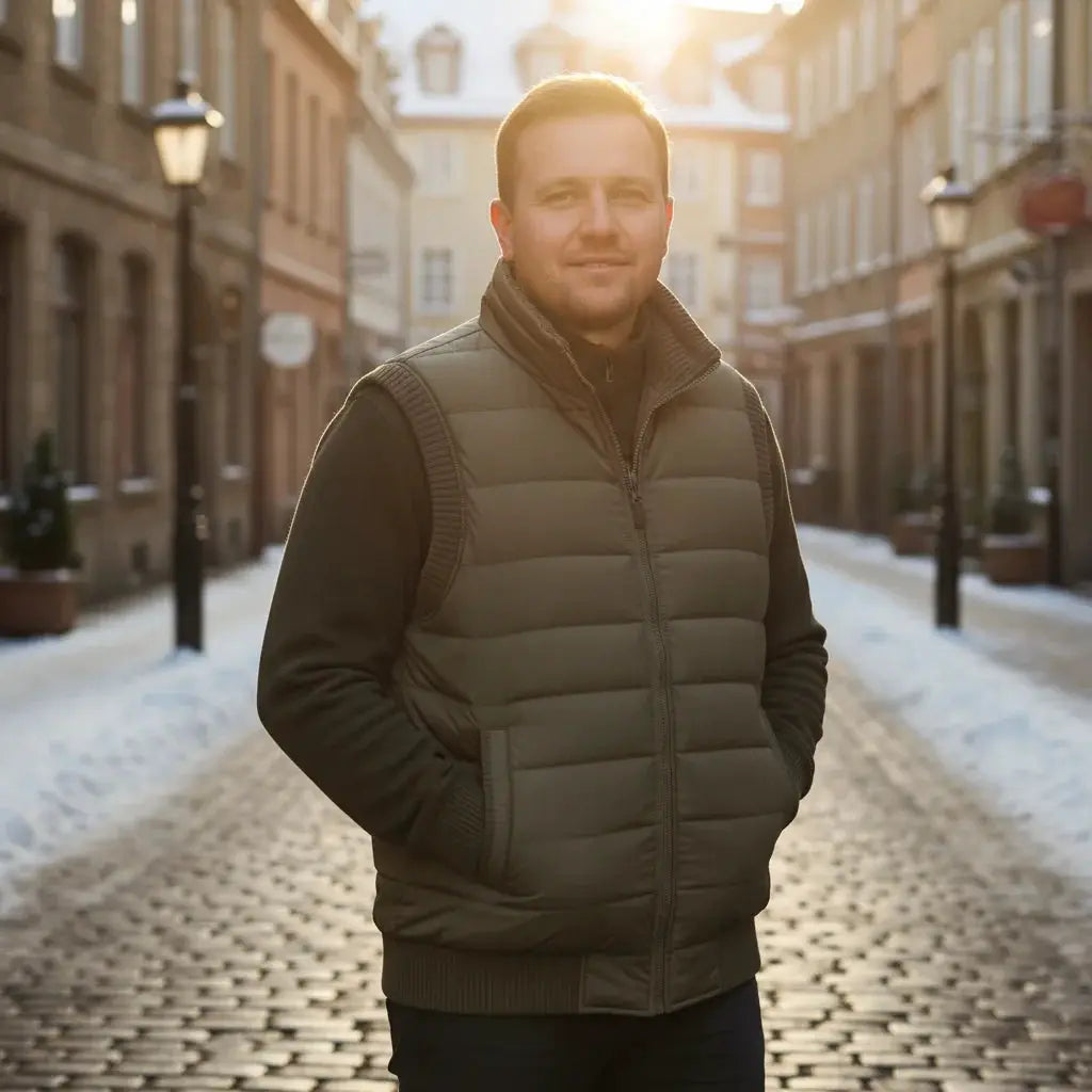 Men's olive padded sleeveless vest with stand collar on a man in a snowy city street Simples Market
