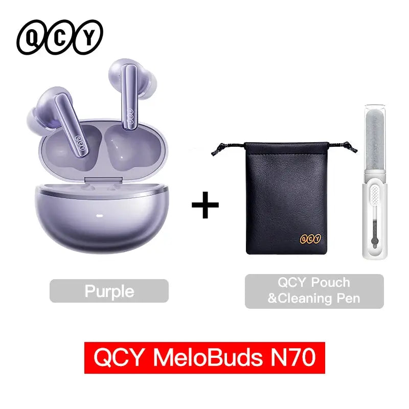 QCY MeloBuds N70 wireless earbuds in purple charging case, 2 earbuds, with black pouch and cleaning pen