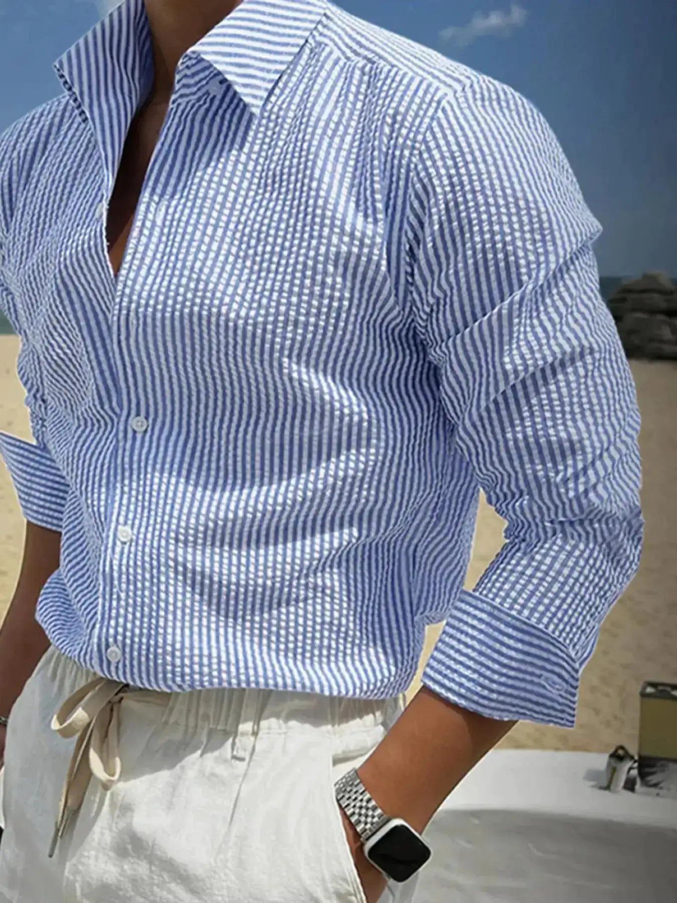 Men's long-sleeve striped shirt, blue and white, loose fit, casual outdoor wear by Simples Market