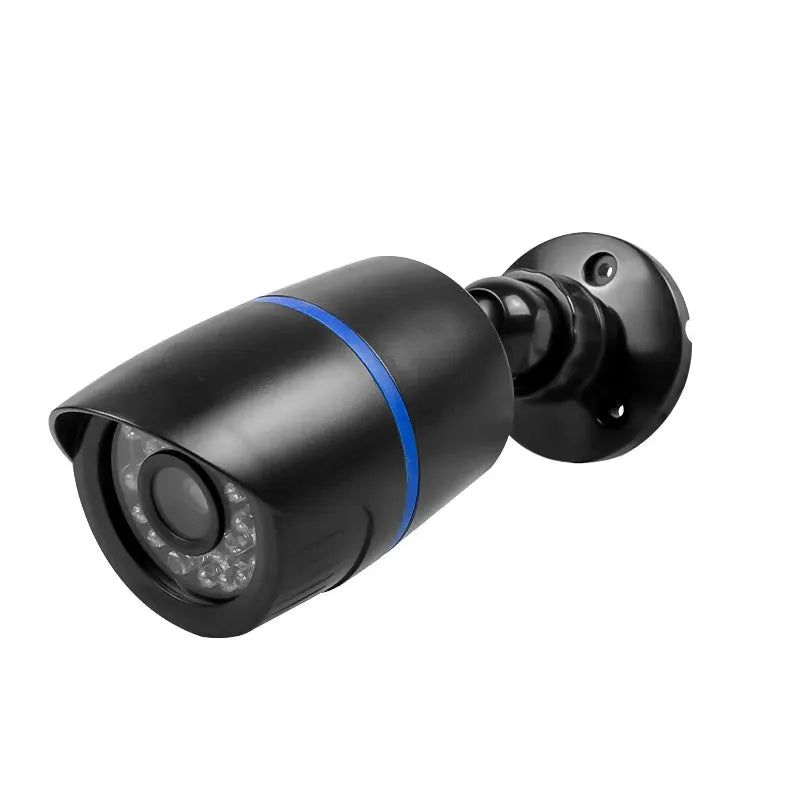 Dummy surveillance camera with LED light; black dome on wall mount with blue ring, for indoor or outdoor use