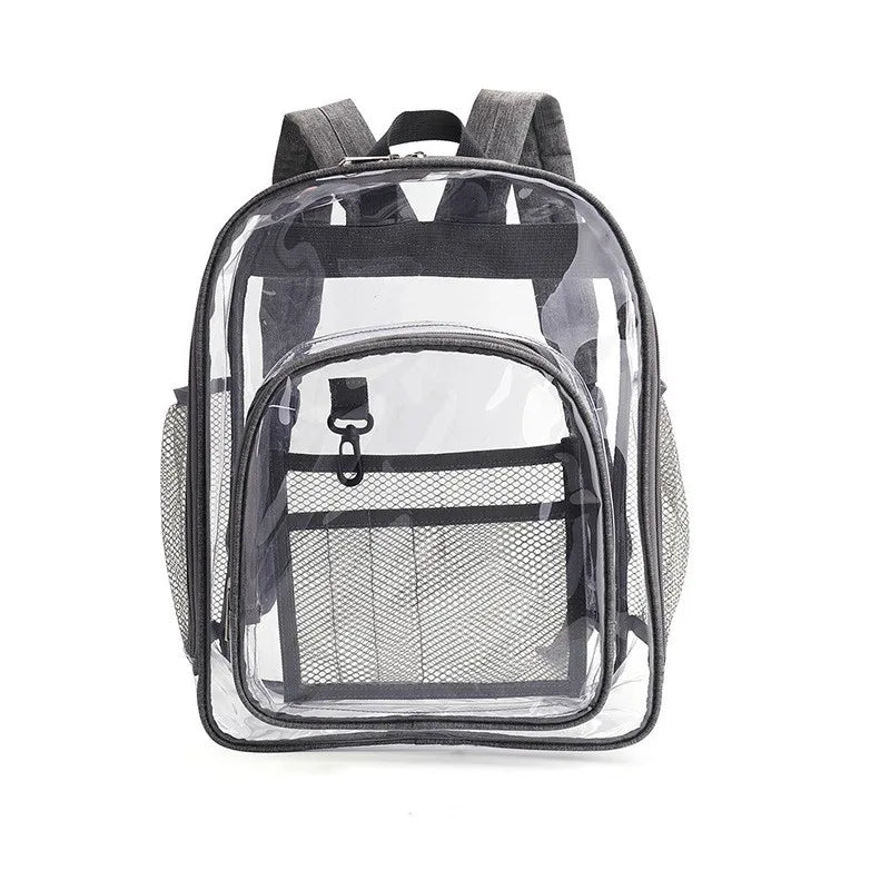 Clear waterproof backpack with black trim and mesh side pockets, large-capacity school bag by Simples Market