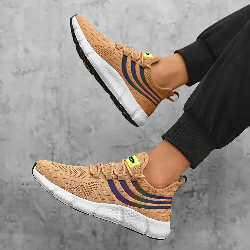Men's Simples Market breathable tan lightweight sneakers with purple/green stripes, anti-slip sole.
