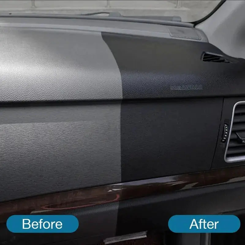 Interior dashboard plastic trim restorer; right side shows black glossy finish (before/after)