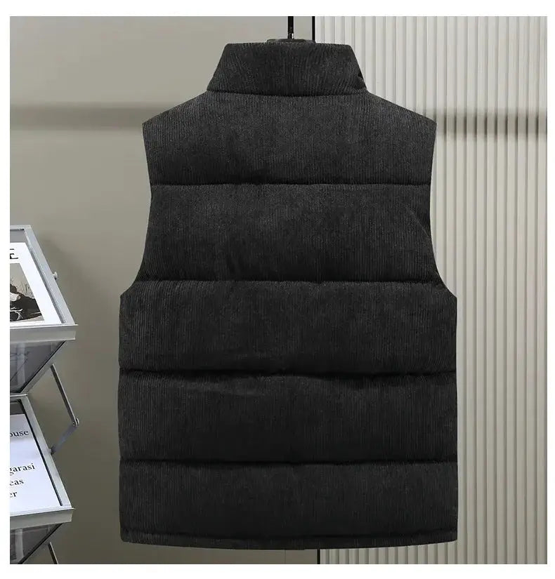 Simples Market men's padded vest in charcoal gray corduroy, thick quilted sleeveless jacket
