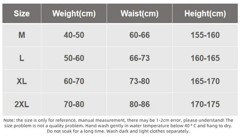 Women cotton panties size chart showing sizes M, L, XL, 2XL with weight, waist and height ranges.
