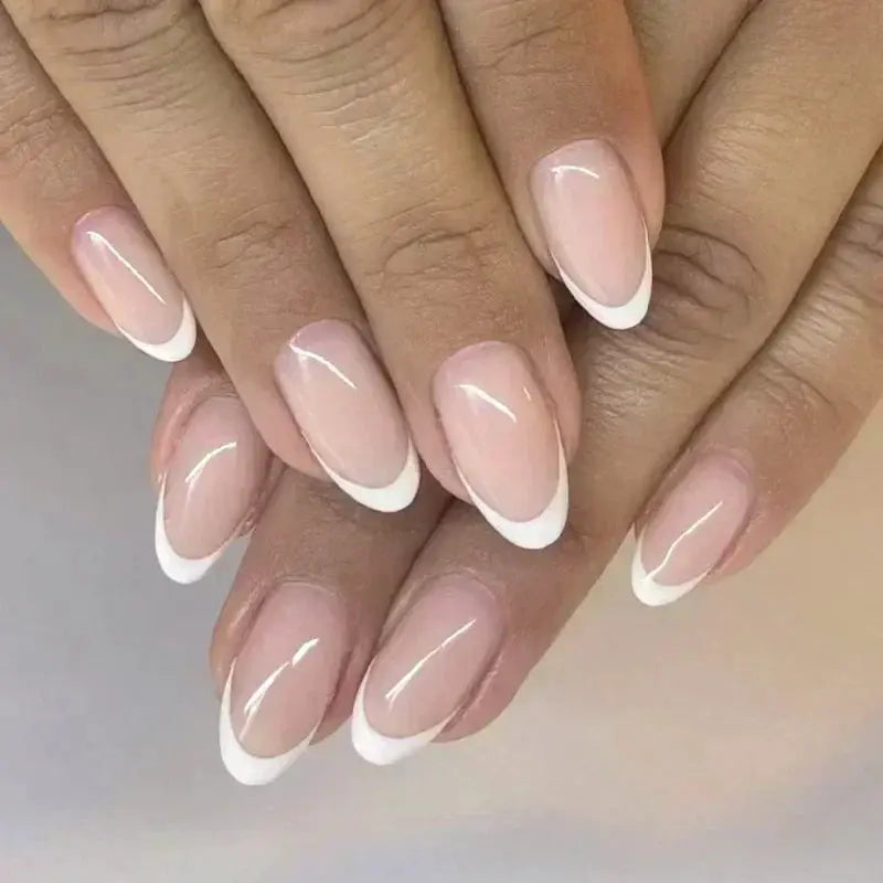Glamora French Almond False Nails 24 Piece Press On Stiletto Tips With White Edge Design Glue Included For Wearable Glam