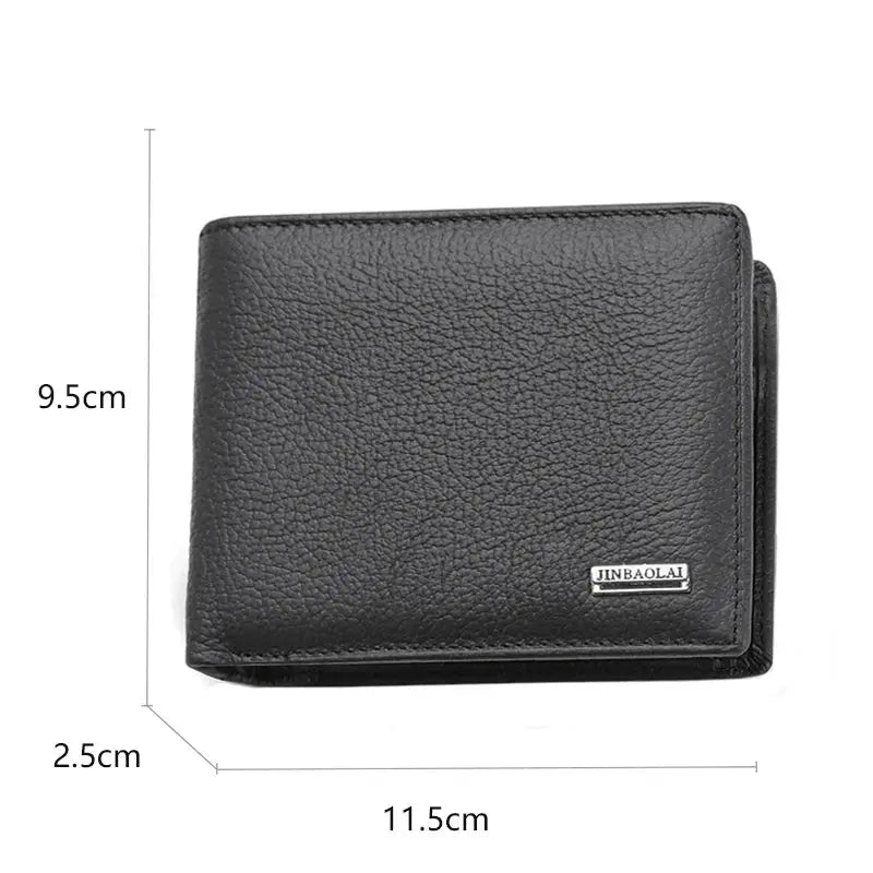 Classic short genuine leather men's wallet in black with coin pocket and card holder, Jinbaolai logo