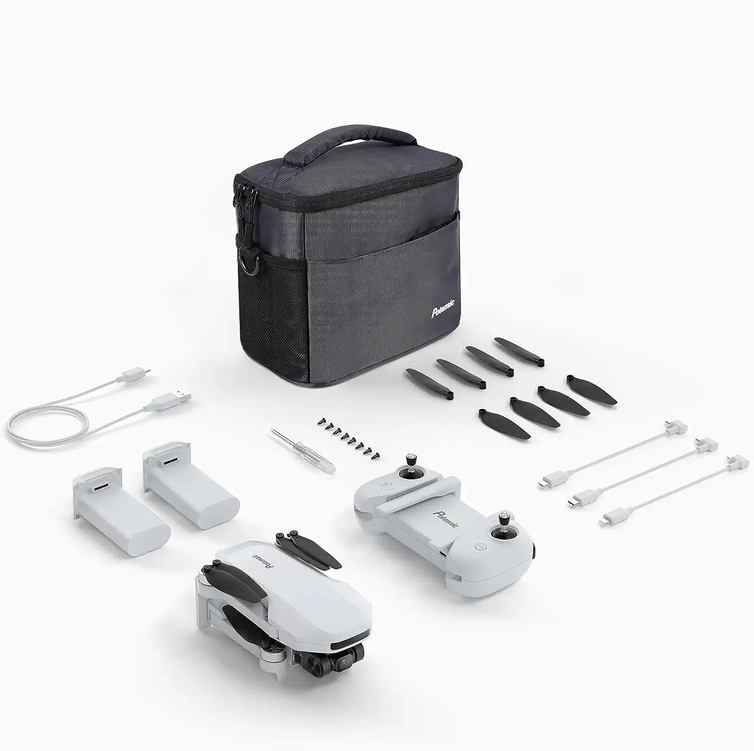 Potensic Atom SE drone kit with carry bag, remote controller, spare propellers, batteries and charging cables