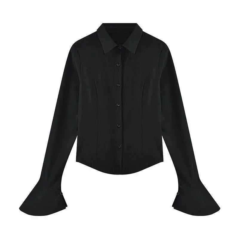 Women's black blouse with lapel collar, front buttons, and flared bell sleeves from Simples Market