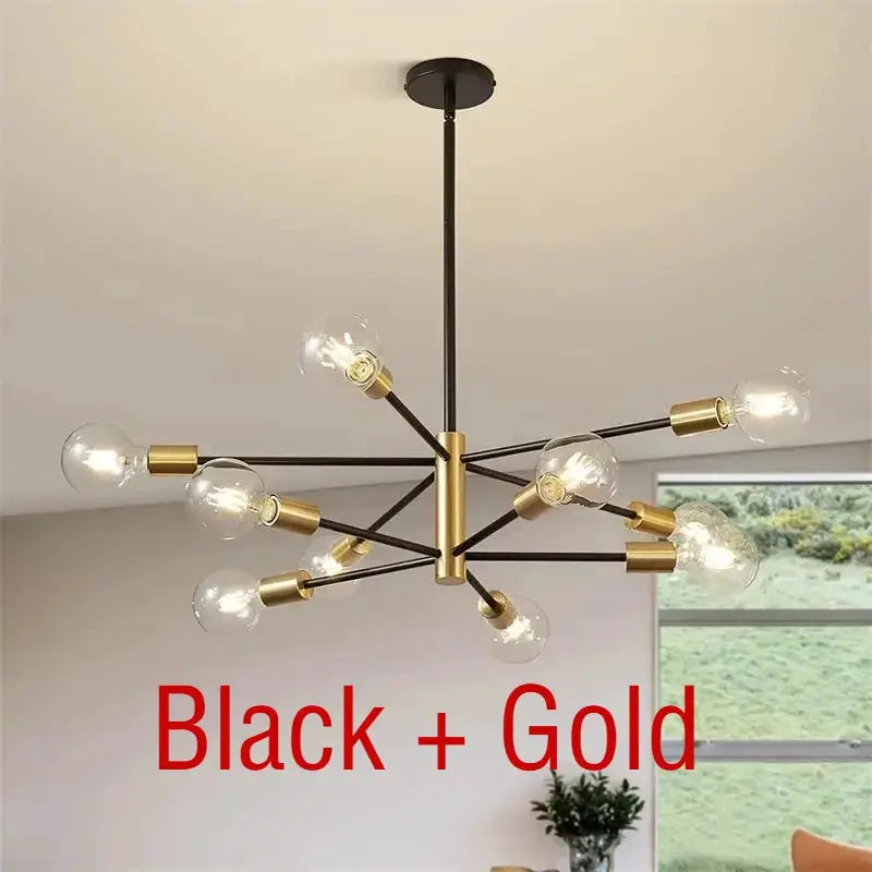 Nordic LED chandelier pendant lamp in black and gold with multiple exposed bulbs.