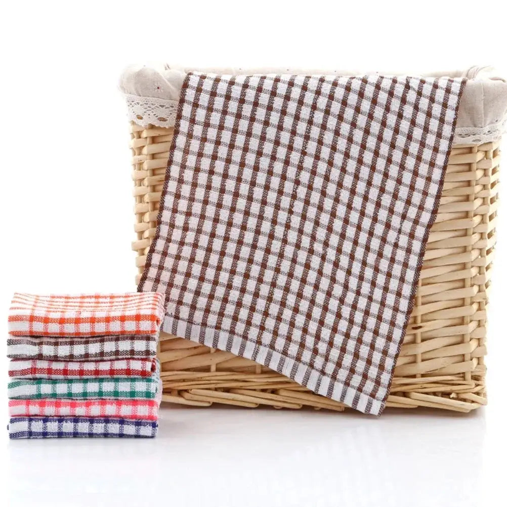 6-pack cotton kitchen towels; lint-free, absorbent brown checkered towel draped over basket with colorful folded towels