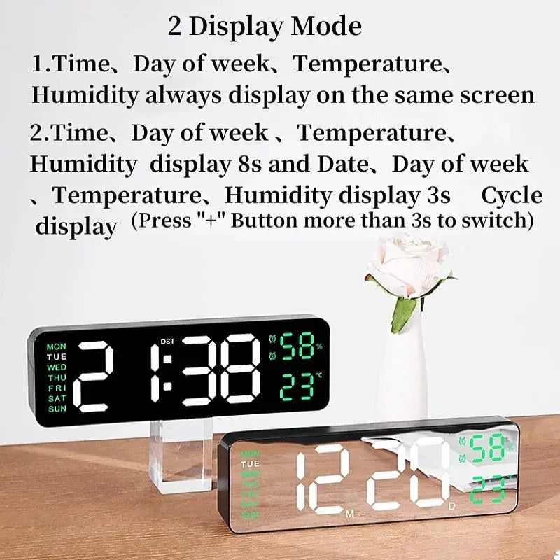 Simples Market 9-inch digital LED clocks 2; black and mirrored displays, USB powered, show time, date, temp, humidity