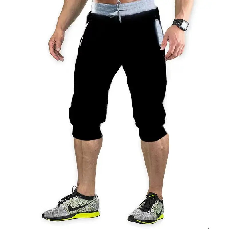 Men's black athletic capri pants with drawstring waist, 7/8 length