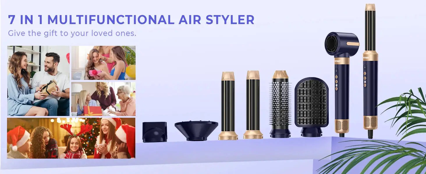 7-in-1 Multifunctional Hair Styler by Simples Market in blue with gold accents and 7 attachments