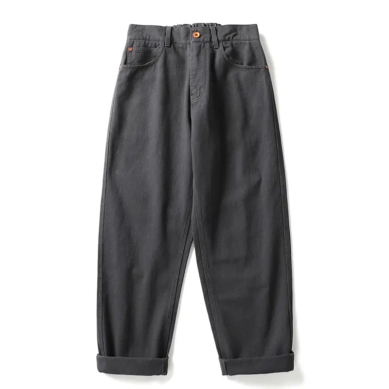 Men's cargo pants, charcoal gray, straight-leg with orange rivets and rolled cuffs