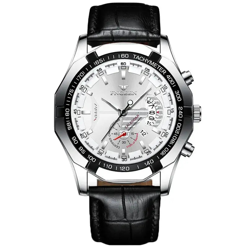 BINBOND men's quartz wristwatch with stainless steel case, black tachymeter bezel, and black leather strap
