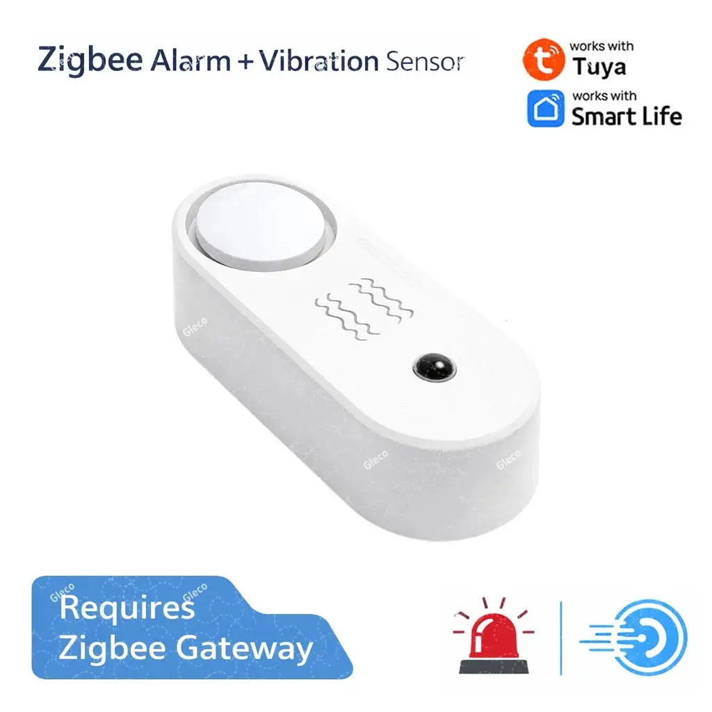 White Zigbee siren alarm with vibration sensor; Tuya/Smart Life compatible, gateway required.