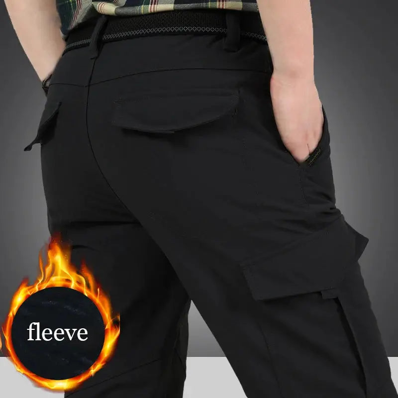 Simples Market black fleece-lined outdoor work tactical pants with cargo pockets.