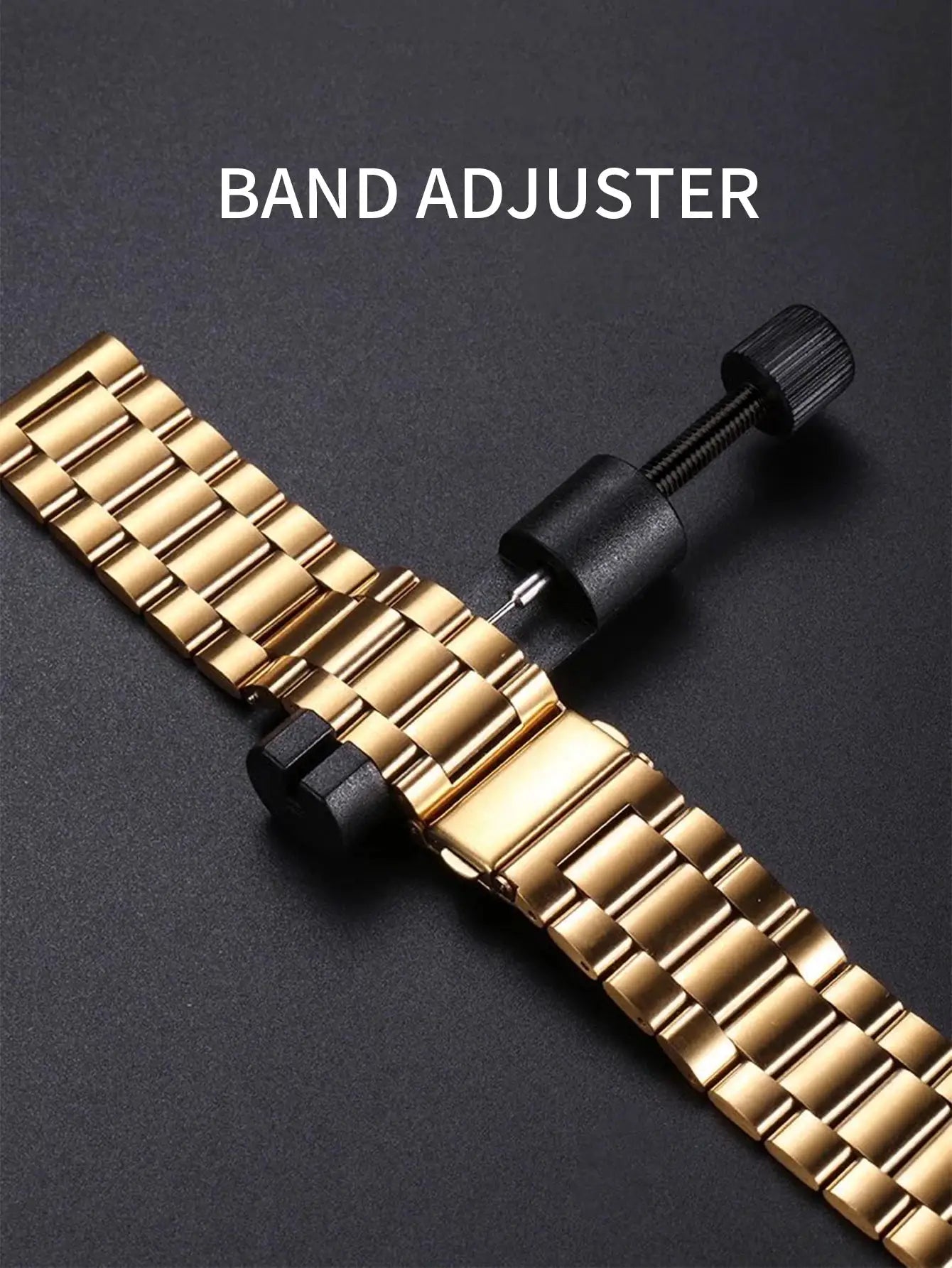 Gold-tone stainless steel watch band with band adjuster tool