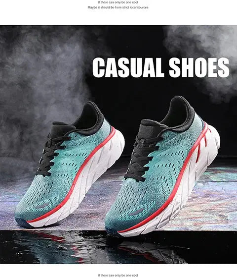 Pair of men's running shoes in teal knit with black laces and red accents, white cushioned sole