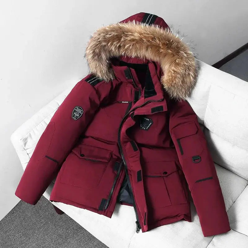 Men's burgundy down parka with fur-trimmed hood, 90% white duck down