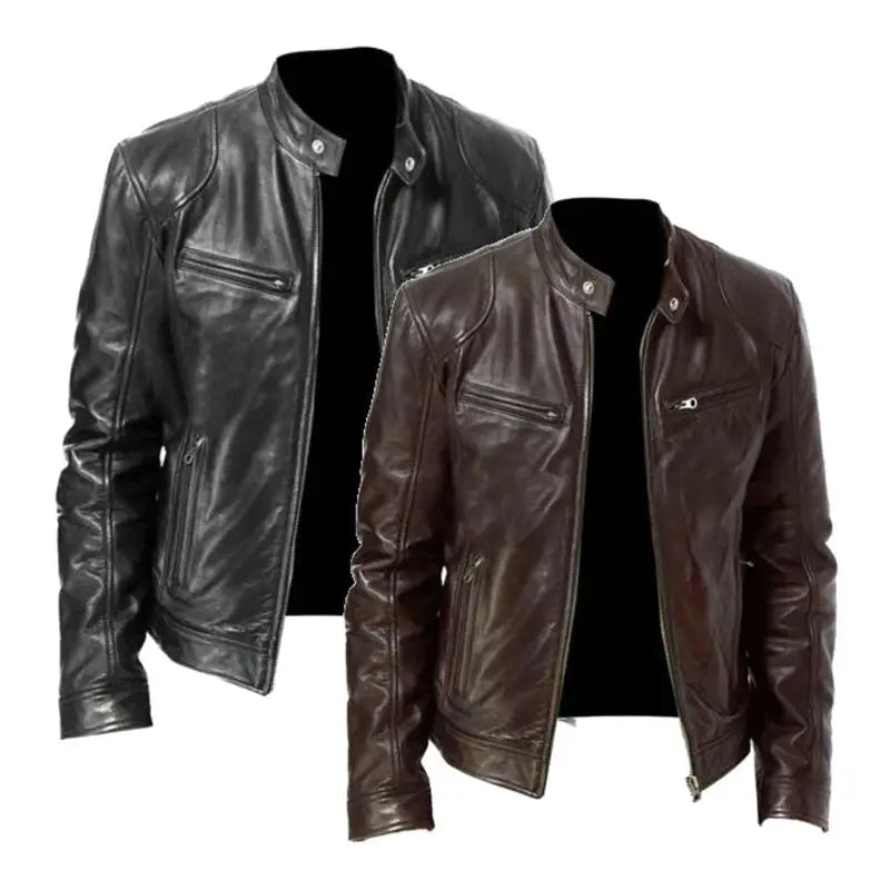 2 men's PU leather motorcycle jackets, black and brown, slim-fit casual coats with zip pockets