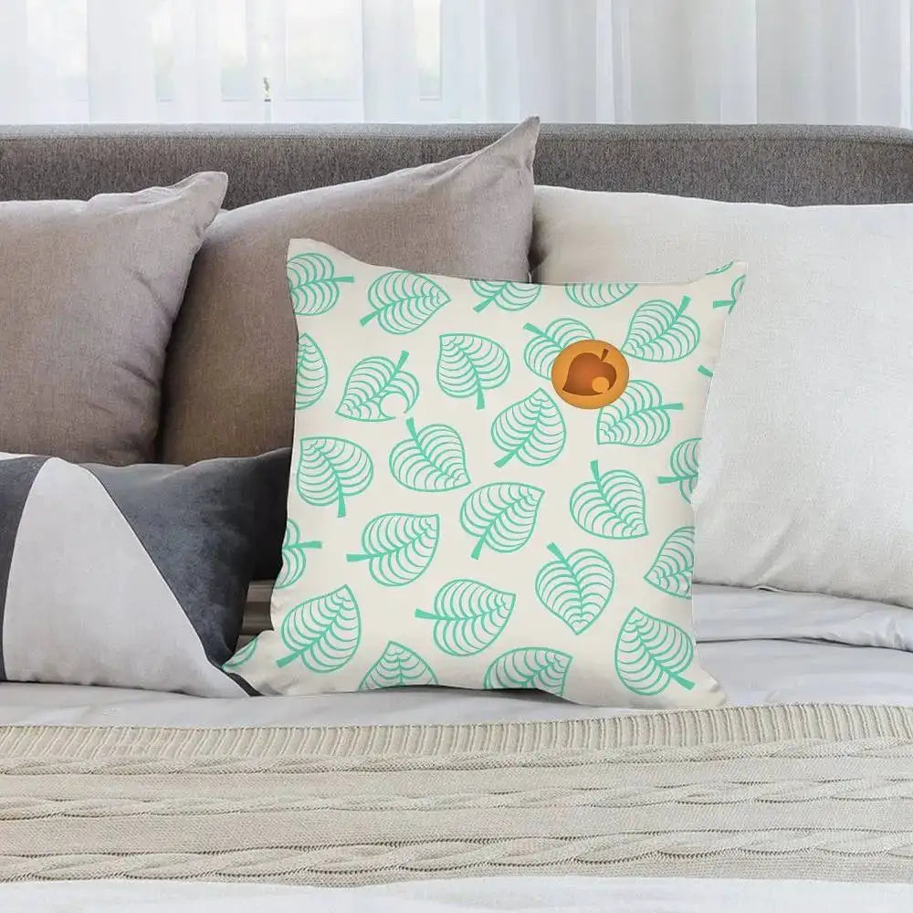 Pillow case by Simples Market, Game Cute Animal Crossing, short plush, double-sided print with teal leaf pattern on cream