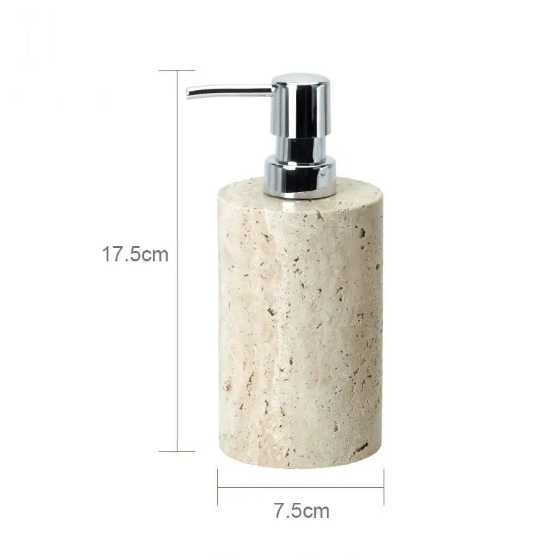 Beige travertine soap dispenser with chrome pump, 17.5 cm tall and 7.5 cm diameter, by Simples Market.