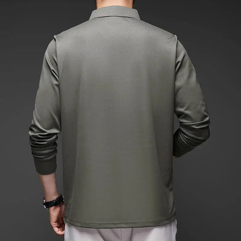 Men's olive green long-sleeve polo shirt, solid color, breathable fabric, back view