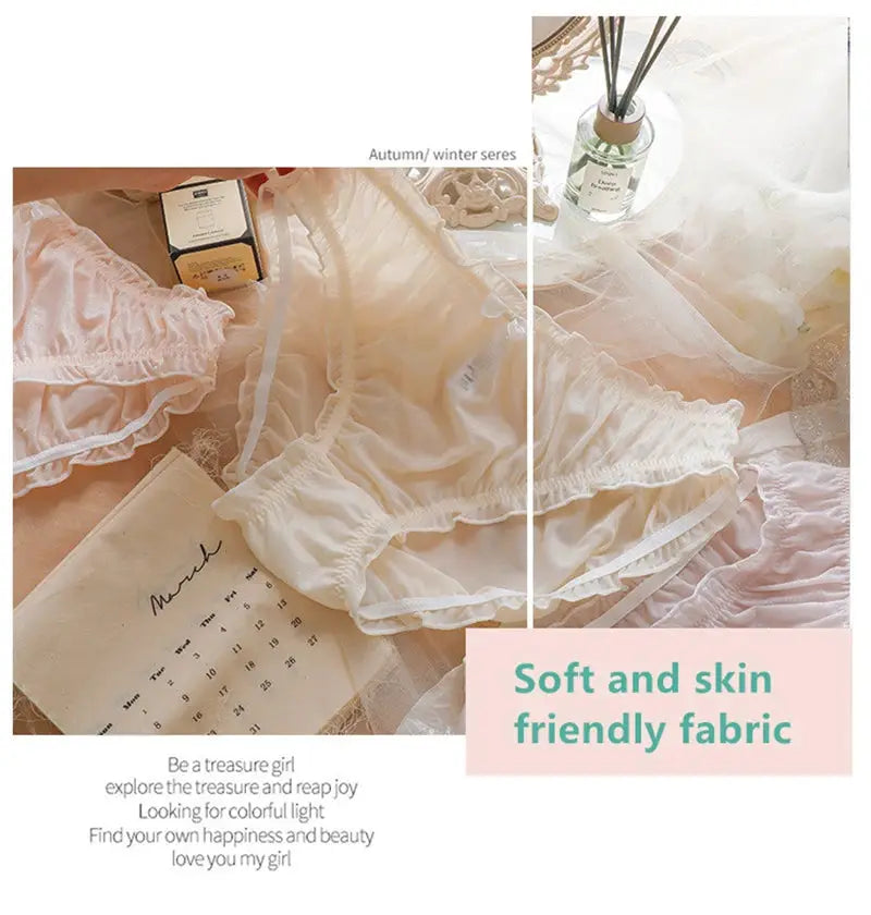 Simples Market women's large-size underwear in sheer ice-silk fabric with ruffled trim, soft peach/ivory color