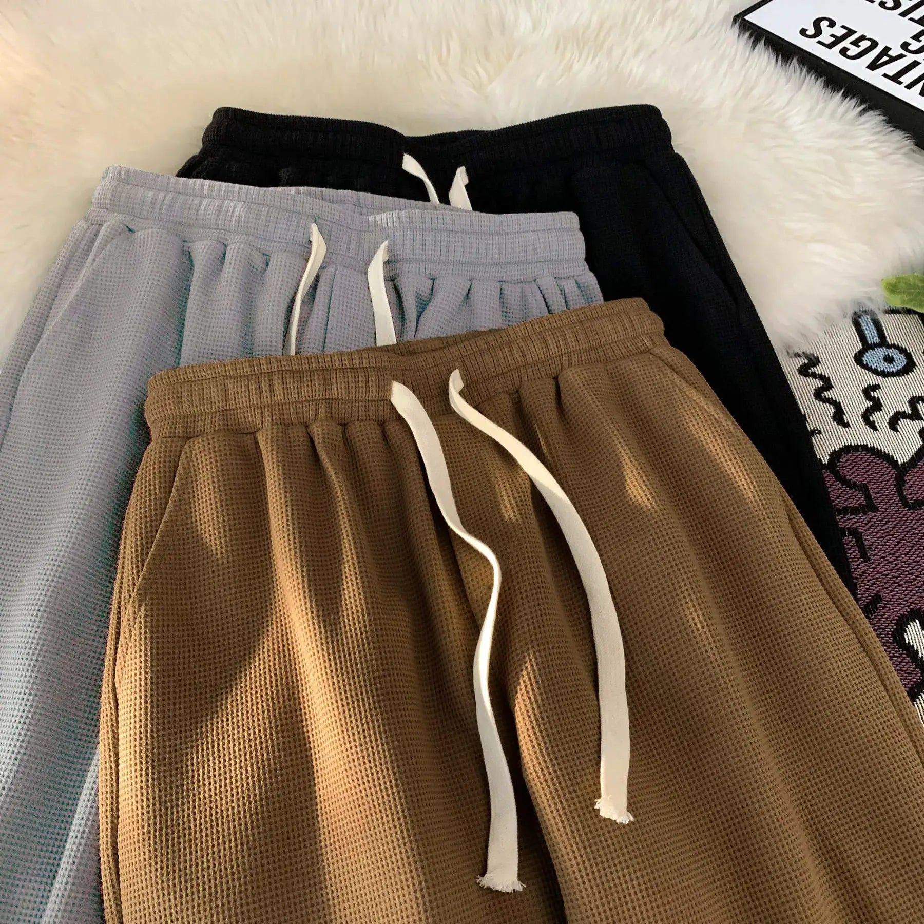 Men's waffle shorts by Simples Market; set of 5 in black, gray, blue and brown with drawstrings.