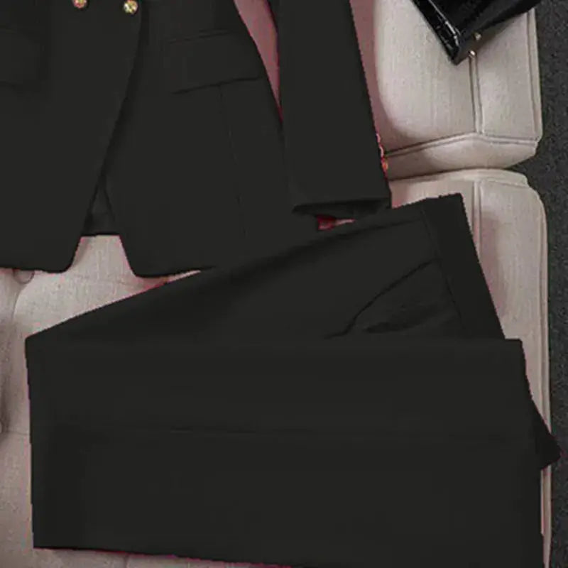 Black two-piece blazer and pants set for women, office wear with matching trousers