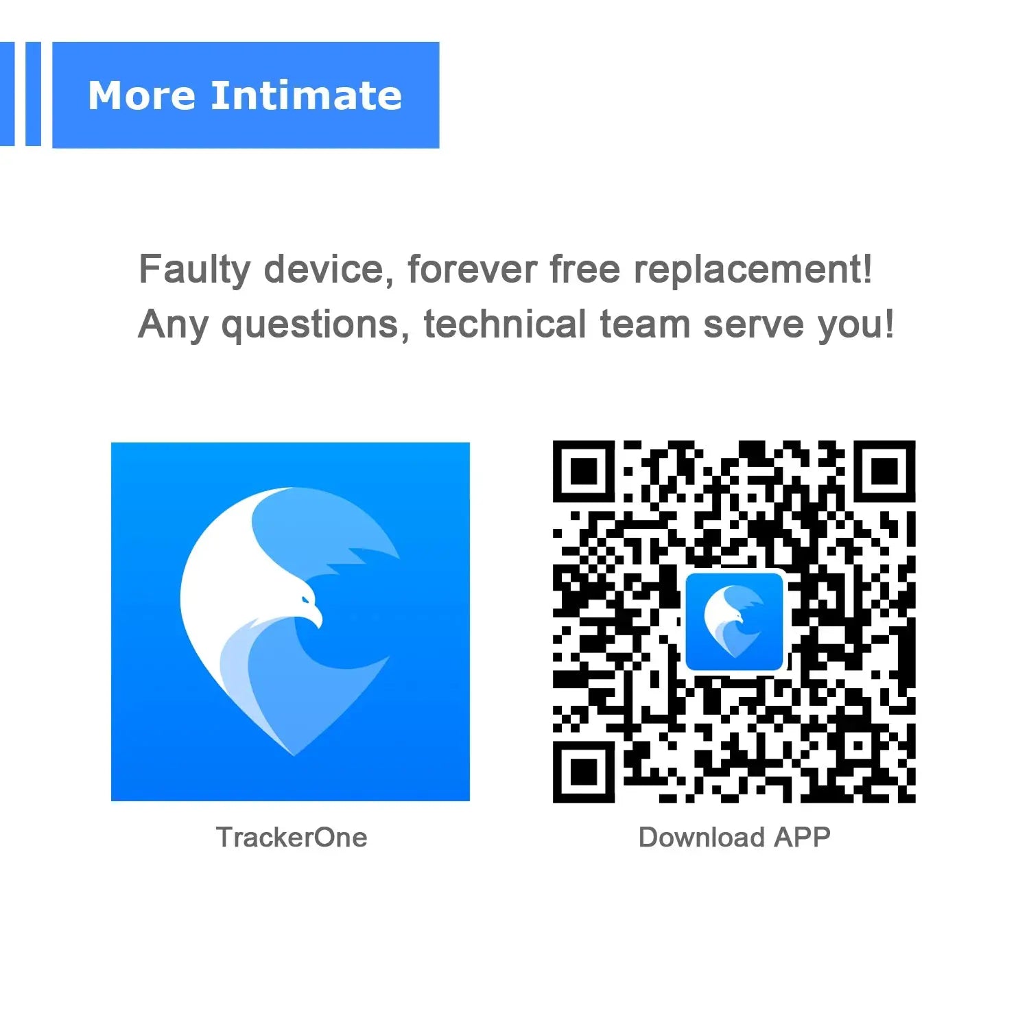 GPS Pet Tracker by Simples Market; TrackerOne app logo and QR code to download the app.