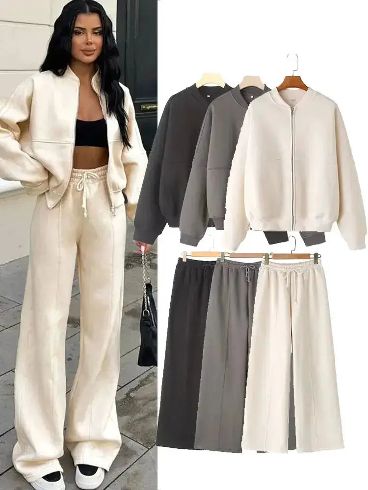 HH Womens Fall Retro Zip Bomber Jacket 2 Piece Set With High Waist Lace Up Wide Leg Pants Streetwear