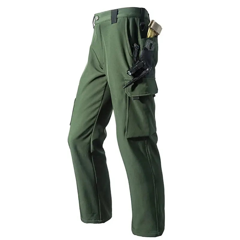 Men's fleece-softshell cargo hiking pants by Simples Market in olive green with tool pockets