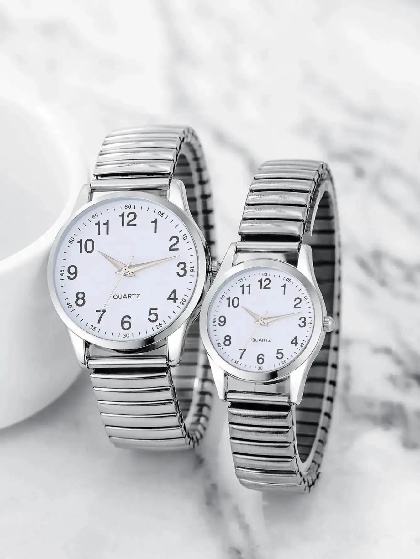 LuxeTime Quartz Watch Set For Men And Women With Black Dial Arabic Numerals And Elastic Alloy Band Gift Set