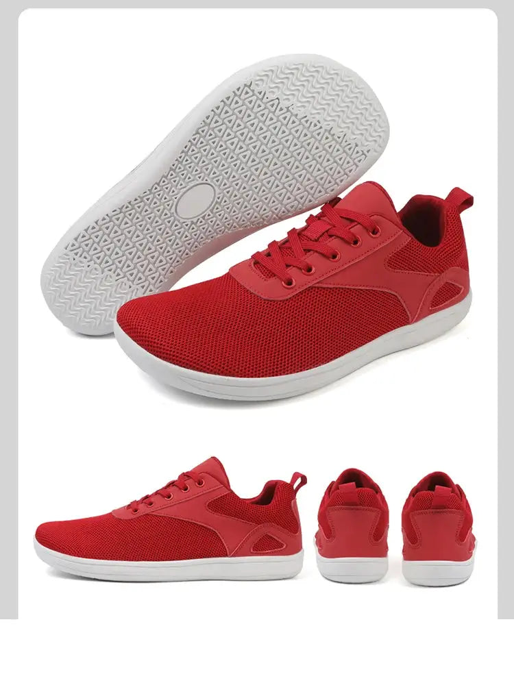 Red mesh casual sneakers with white sole, lace-up design for walking and jogging
