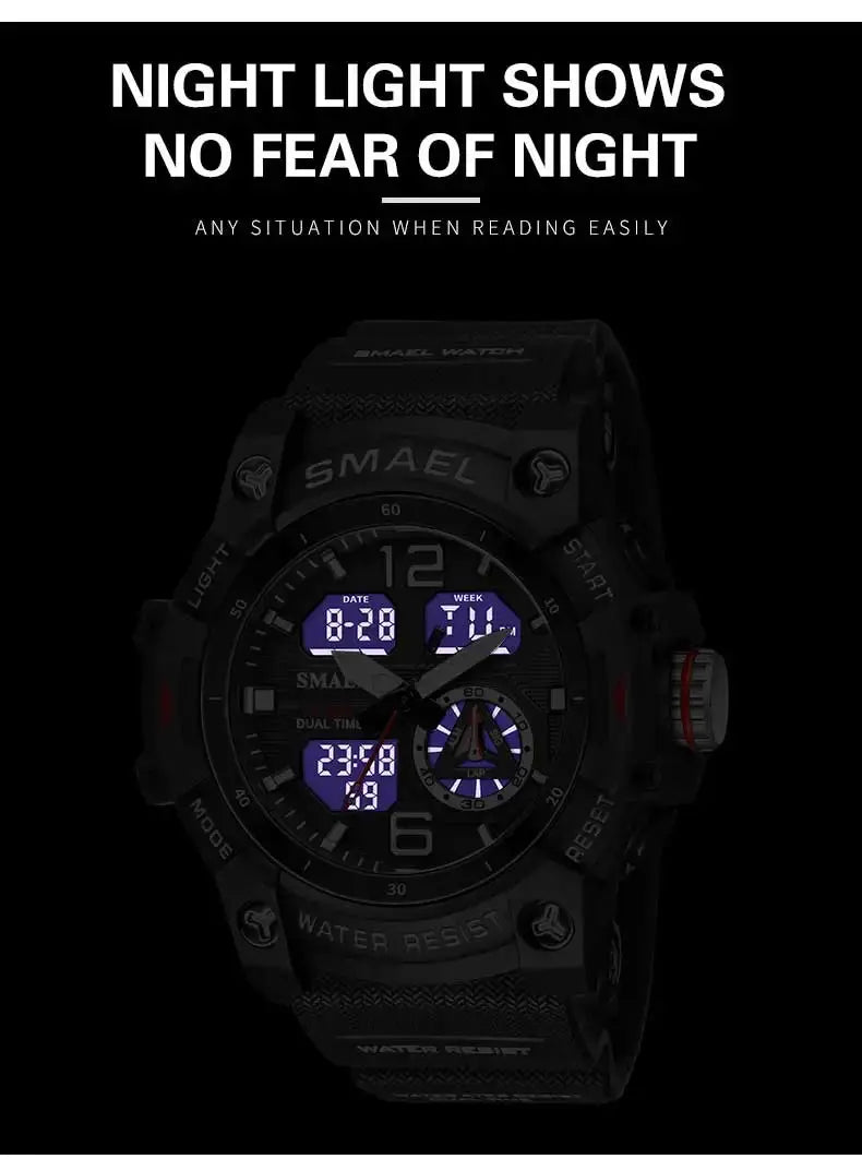 SMAEL sport watch for men with blue backlit digital display, dual time, rugged black military-style case, water resistant
