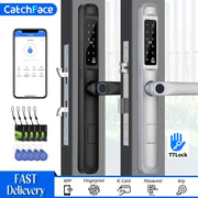 Simples Market TTLock smart door lock with fingerprint, Bluetooth app, RFID card access; aluminum/glass sliding design