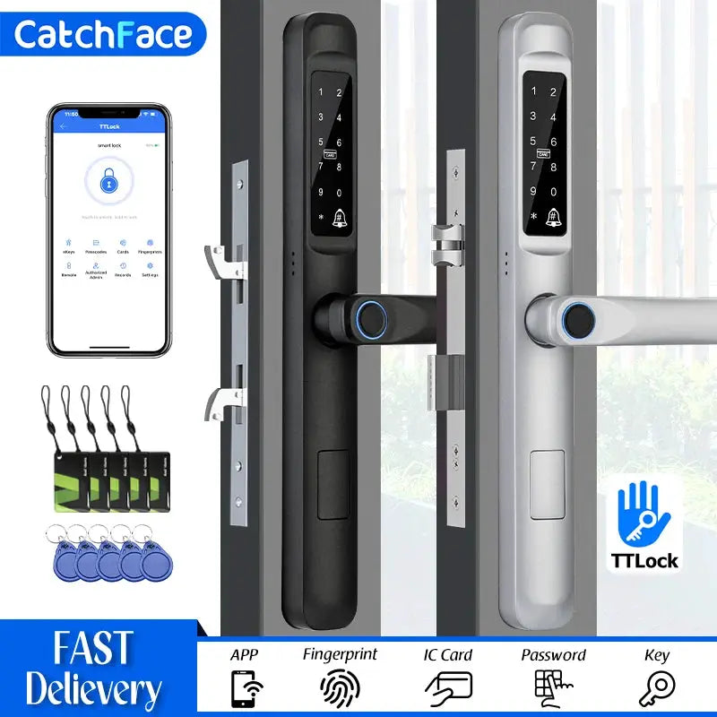 Simples Market TTLock smart door lock with fingerprint, Bluetooth app, RFID card access; aluminum/glass sliding design