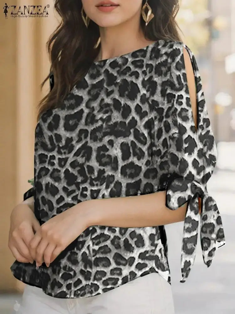 ZANZEA Leopard Print Blouse Women Lace Up Bohemian Short Sleeve Top