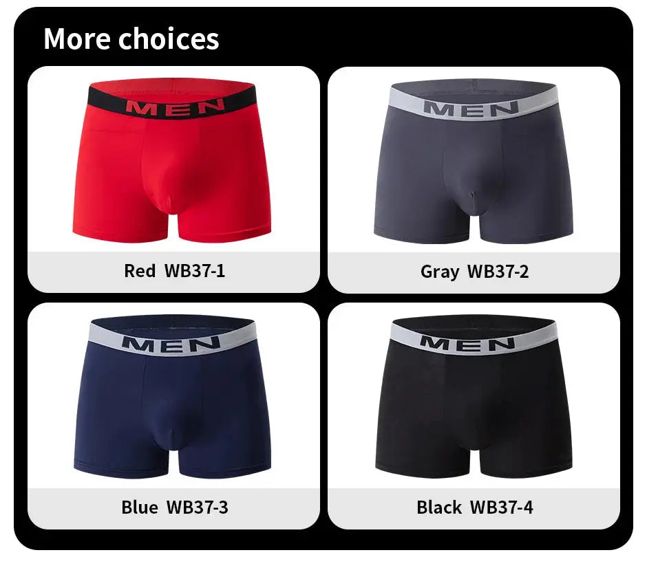 Four-pack of men's boxer shorts in red, gray, blue, and black with MEN elastic waistband