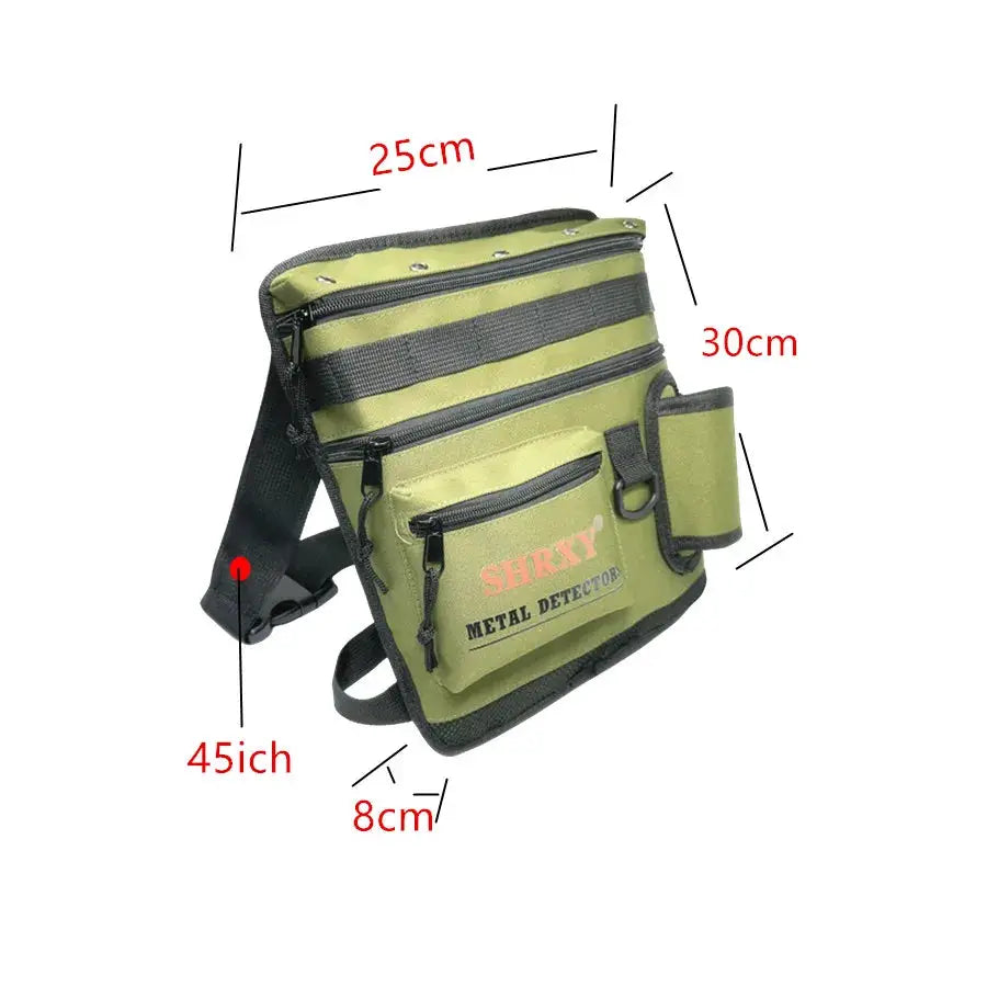 Metal-detecting finds bag in olive green with multiple zip pockets and adjustable strap