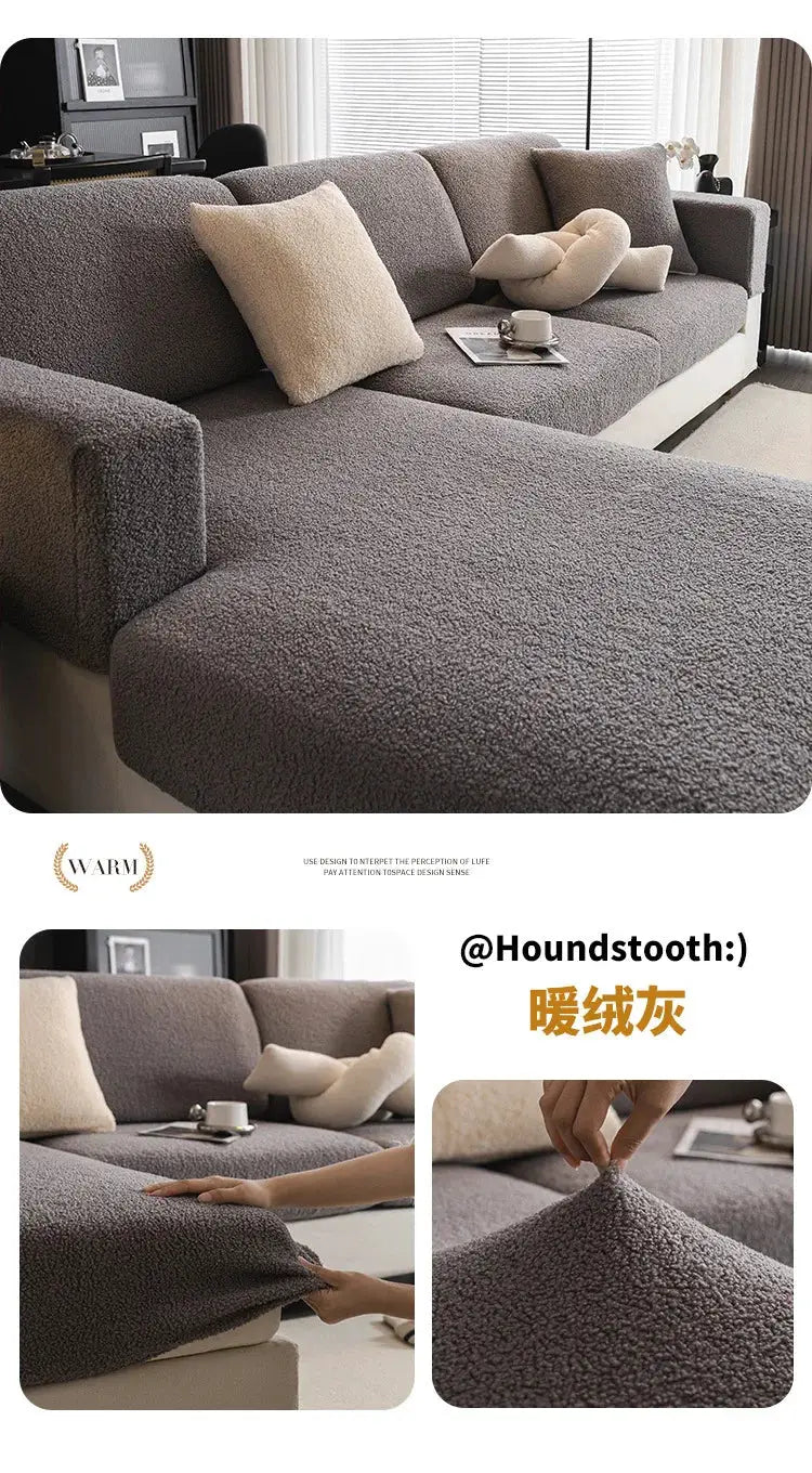 Sofa cover in grey teddy fleece; WARM brand, all-season non-slip elastic protector.